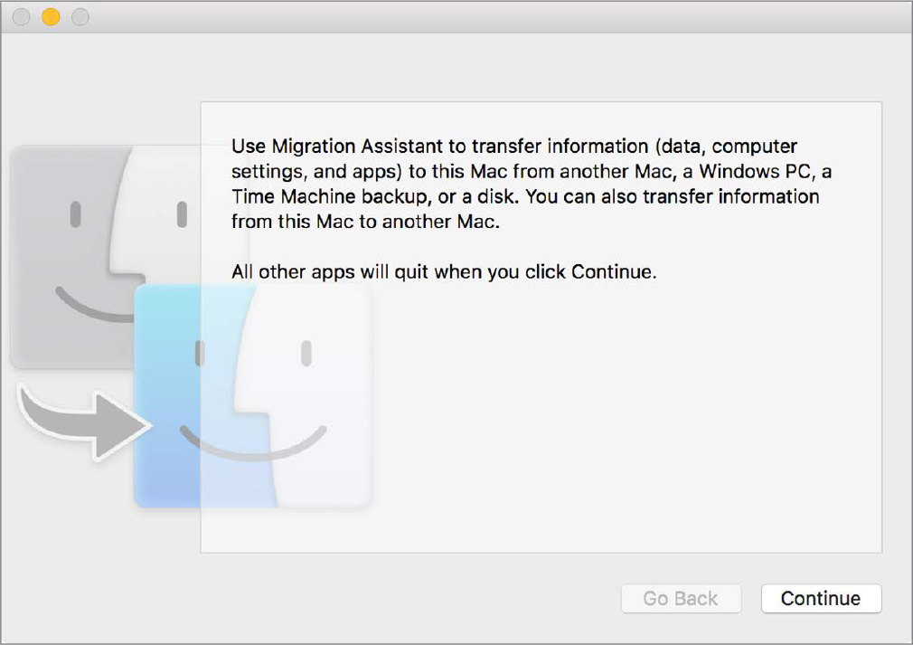 A screenshot shows the installation window of the Migration Assistant. The window has "GO back" and "Continue" buttons at the bottom. The Go back button is disabled.