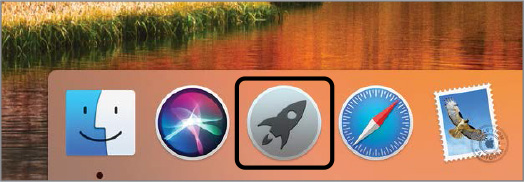 A screenshot of the dock displays five icons. A rocket symbol denoting the launchpad icon is highlighted.