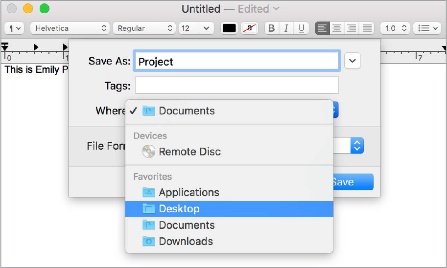 An untitled document is opened and text is entered in the document. A prompt shows the options for saving the document. In the "Save as" field (text field), the name Project is entered and the location for saving is selected as Desktop.