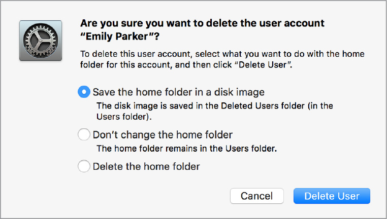 A dialog verifies if the user wants to delete the user account "Emily Parker"?. The radio button option "Save the home folder in a disk image" is selected. Buttons "delete user" and "Cancel" are provided at the bottom.