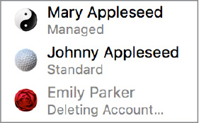 A pop-up shows three user accounts namely Mary Appleseed, Johnny Appleseed, and Emily Parker. The Emily Parker account is shown disabled.