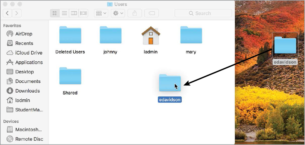 A screenshot of the Finder window lists the available files and folders in the Users folder. The folder named edavidson is dragged from the desktop to the Users folder.