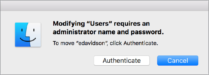 A screenshot of a dialog box represents the modification of users. The modification requires administrator name and password. Authenticate and Cancel buttons are present within the dialog.