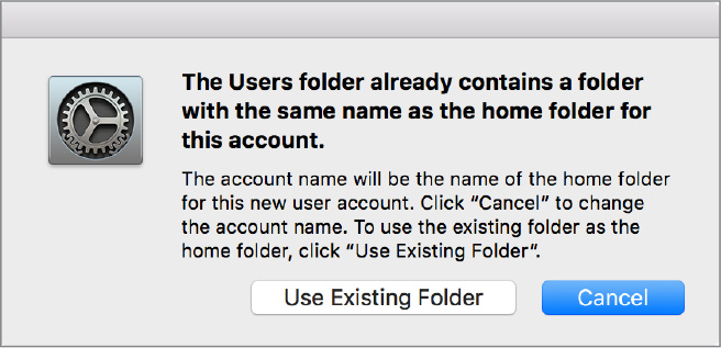 A dialog verifies if the user wants to use the existing folder (edavidson folder) for the account. Buttons "Use existing folder" and "Cancel" are provided at the bottom.