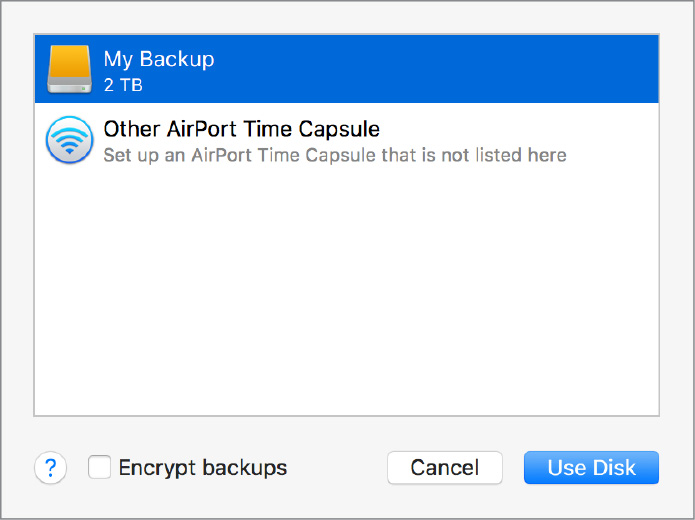 A window displaying "My back-up (2 TeraBytes)" and "Other AirPort Time Capsule" is shown with a cancel and Use disk buttons (selected) at the bottom.