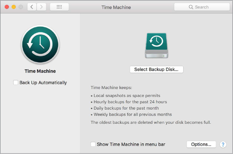 A screenshot of the time machine dialog box is shown. The right pane shows the option to select the back-up disk.