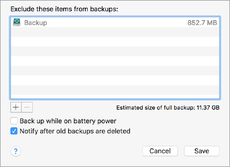 A dialog box to exclude the back-up is shown. In this "My back-up" of size 448.1 megabytes is selected. The save and the cancel button are shown at the bottom.