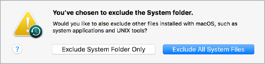 A warning message box reads, "You've chosen to exclude the system folder." The "Exclude system folder only" and "Exclude all system files" are shown at the bottom.