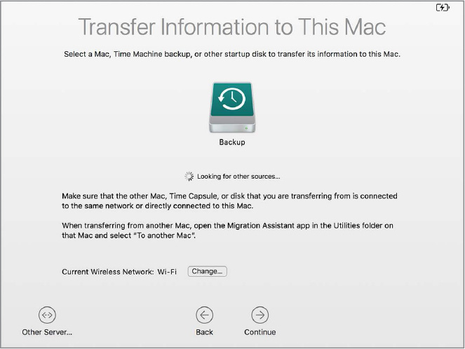 A screenshot of the Migration Assistant shows the window which displays the progress of transferring information to another Mac. Three buttons namely other servers, back, and continue are shown at the bottom of the window.