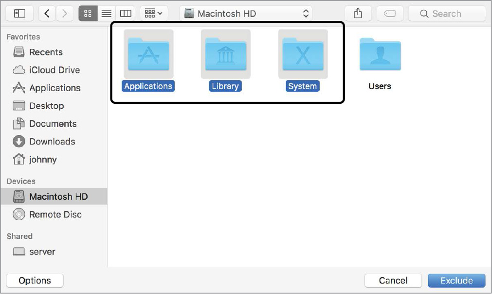Screenshot of the Macintosh HD is shown in which the folders applications, library, and system are highlighted.