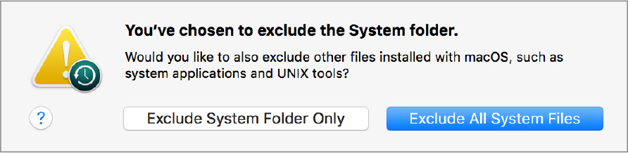 A warning message box reads, "You've chosen to exclude the system folder." The buttons, "Exclude system folder only" and " Exclude all system files" are at the bottom.