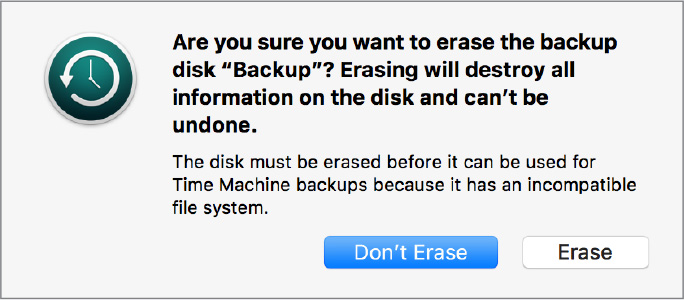 The macOS reformat dialog box is shown. It reads, "Are you sure you want to erase the backup disk "Back-up?" Erasing will destroy all information on the disk and can't be undone." The don't erase and erase buttons are at the bottom.