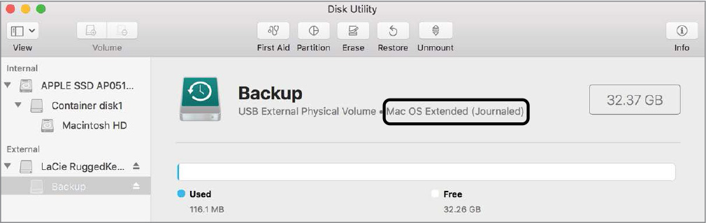 The disk utility window is shown. The back-up, USB External Physical Volume, macOS Extended (Journaled) (highlighted), of size 32.37 gigabytes is shown.