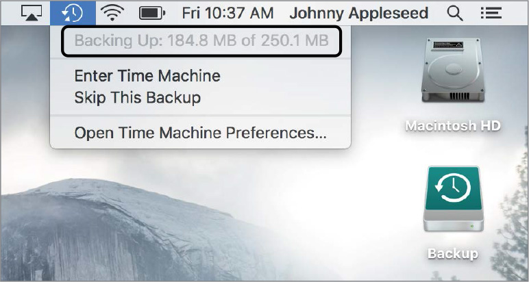 A screenshot shows the menu displayed while clicking the time machine menu. It reads, "Backing up: 194.4 megabytes of 250.1 megabytes."
