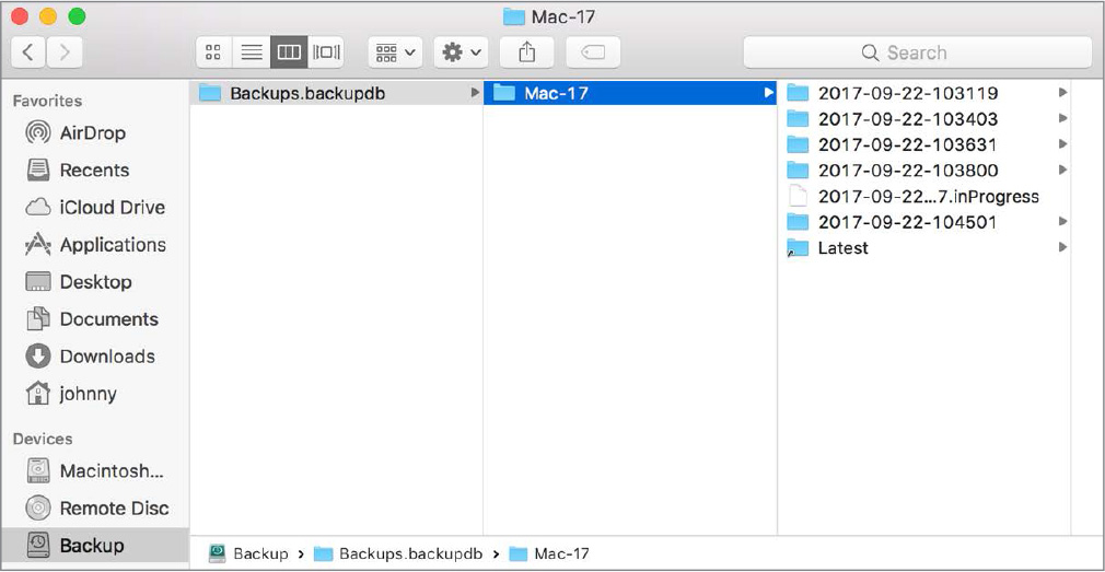 In the screenshot, the Mac-17 folder is selected from the following path, "Back-up, Backups.backupdb, Mac-17."