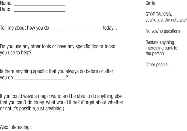 My interview template, which has a few of my most commonly asked questions, with reminders to myself on the right (because I typically do phone interviews, I can type directly into the template)