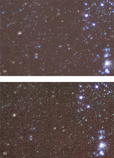 12.6 Photographs of stars taken with a 50 mm lens at equivalent camera EV but different ISO: (a) ISO = 3200; (b) ISO = 25600. Note the distinct graininess and color noise in the high ISO image (b) compared to the lower ISO image (a). Images made at even lower ISO have even better grain and color noise quality than (a).