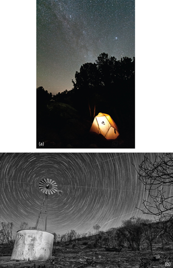 16.2 Examples of two of the author’s “favorites:” (a) A “favorite image:” a scene with the Milky Way rising vertically from the horizon with an internally lit tent in the foreground. (b) A “favorite place:” the edge of a wilderness area that allows you to position specific objects at the center of star trails encircling the celestial pole.