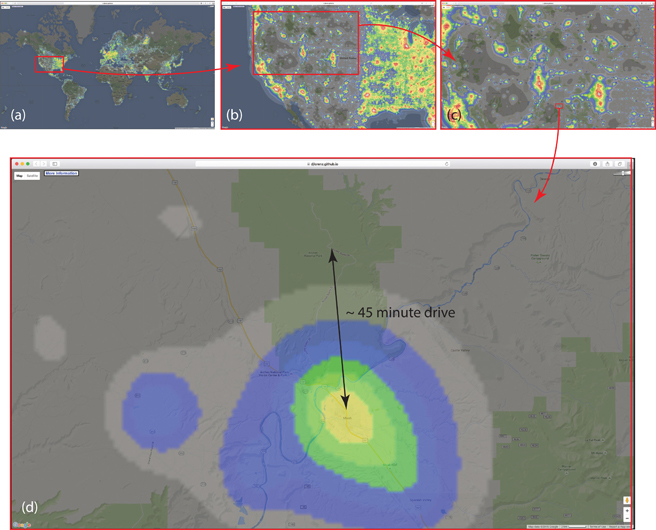 16.5 Example of light pollution maps with an emphasis on the area around Moab, Utah. Successive areas of zoom are shown in (b), (c), and (d). Note that simply by driving approximately 45 minutes to the north of the city, (d), the light pollution levels are reduced dramatically.