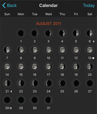 23.18 The moon phase calendar for our candidate month, August 2011, allows us to select the nights when the moon is below the horizon at our desired shooting times.