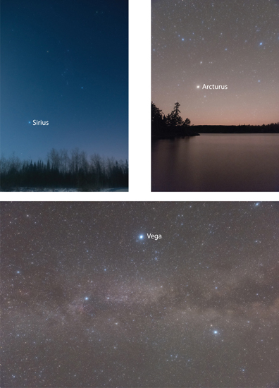 2.7 Examples of three bright, Northern Hemisphere stars that can aid in acquiring a sharp focus on the night sky: (a) Sirius, within Canis Major; (b) Arcturus, within Boötes; and (c) Vega, within Lyra.