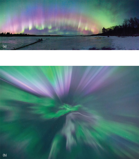 4.4 Examples of different appearances of the aurora: (a) side view of curtains, or pillars, (b) “Bottoms-up” view of a corona.