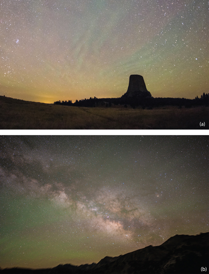 4.7 The ghostly greenish and reddish bands and ripples of airglow, or skyglow, can be seen over Devils Tower in Wyoming (top) and the Sierra Nevada backcountry (bottom).