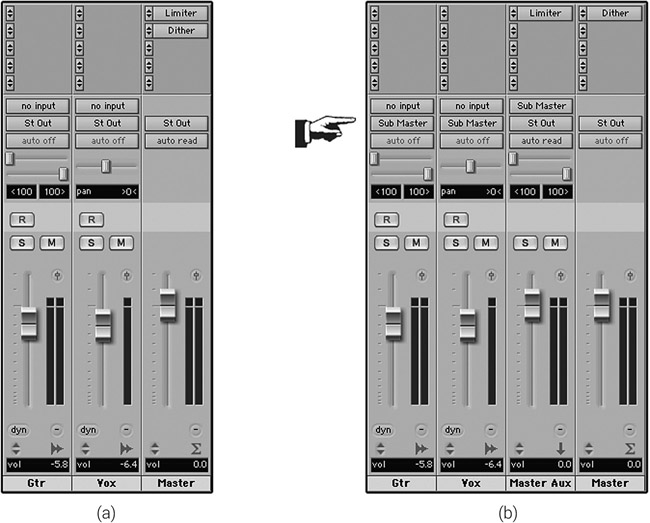 Figure 11.14 (a) Since the limiter on the master track is post-fader, any fader movements will result in varying limiting effect. (b) The individual audio tracks are first routed to an auxiliary, where limiting is applied, and only then sent to the main output, where dithering takes place post-fader. Note that in this setting both the aux and the master faders succeed the limiter, so both can be automated. Automating the aux is preferred, so the master fader remains as an automation-independent scaling control.