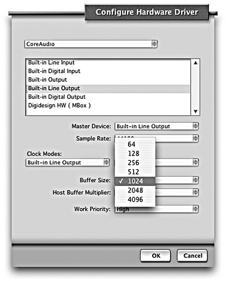 Figure 11.15 Digital Performer’s configuration window where the playback buffer size is set.