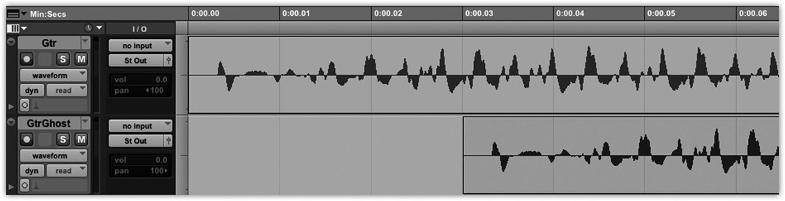 Figure 12.5 The Haas trick using duplicates. One way to achieve the Haas trick is by duplicating a mono track, nudging the duplicate a few milliseconds in time (30 ms in the screenshot above), then panning each track to an opposite extreme.
