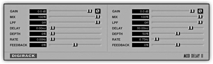 Figure 12.7 The modulated Haas trick using a delay plugin (Digidesign DigiRack Mod Delay II). This mono-to-stereo instance of the plugin involves a left channel that is neutralized with 0 ms delay time. The right channel is delayed by 30 ms and modulated using 50% depth and 0.75 Hz rate.