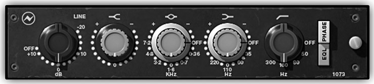 Figure 15.11 The Universal Audio NEVE 1073 EQ plugin. This plugin, which emulates the sound of the legendary analog NEVE 1073, has a frequency response that deviates from the perfect theoretical shape of filters, a fact that contributes to its appealing sound. The high-pass filter (rightmost control) involves changing the resonance for each of the four selectable cut-off frequencies.