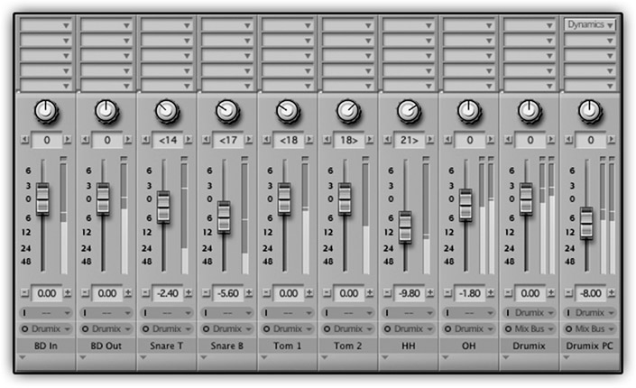Figure 17.40 Parallel compression in Digital Performer. The output of various drum tracks is routed to a bus called “drumix.” The bus feeds two auxiliaries— drumix and drumix PC. On the latter, a compressor is loaded, and it is blended lower in level with the drumix auxiliary.