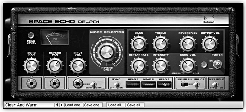 Figure 22.1 The Universal Audio Roland RE-201 Space Echo. This plugin for the UAD platform emulates the sound of the vintage tape loop machine. The interface looks very similar to that of the original unit.