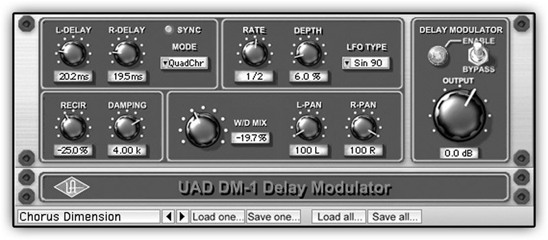 Figure 23.1 The Universal Audio DM-1 in chorus mode. This screenshot shows the settings of the “Chorus Dimension” preset. Essentially, very short delay on both channels, negative feedback of 25%, and feedback filter set to 4 kHz; slow rate, little depth, and only 19.7% of wet signal, which is phase-inverted.