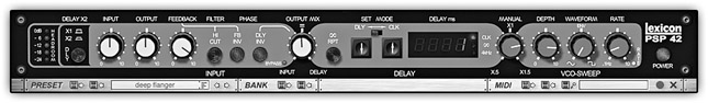 Figure 23.3 The PSP Lexicon 42 in deep flanger mode. This screenshot shows the setting of the deep flanger preset—high feedback, 1 ms of delay, high depth, slow rate, and both the feedback signal and the wet signal are phase-inverted.