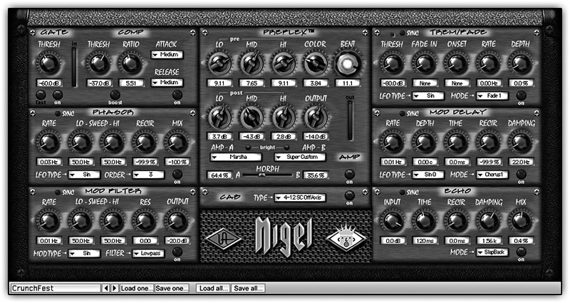 Figure 25.4 The Universal Audio Nigel. The center blocks on this plugin are the amp simulator where different amps and cabinets can be chosen. The side blocks provide additional effects such as tremolo and delay.