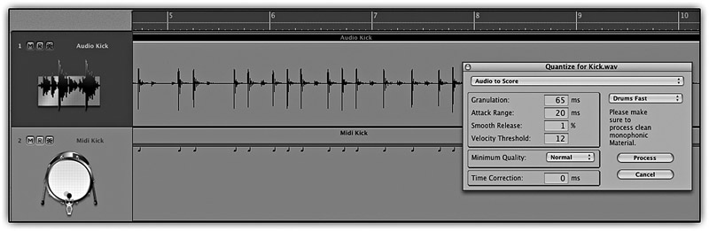 Figure 26.2 Logic’s “Audio to Score” conversion. The top track shows the original kick track, the floating window shows the “Audio to Score” dialog with its various configuration options, and the bottom track shows the resultant MIDI track after all notes have been transformed to Cl.
