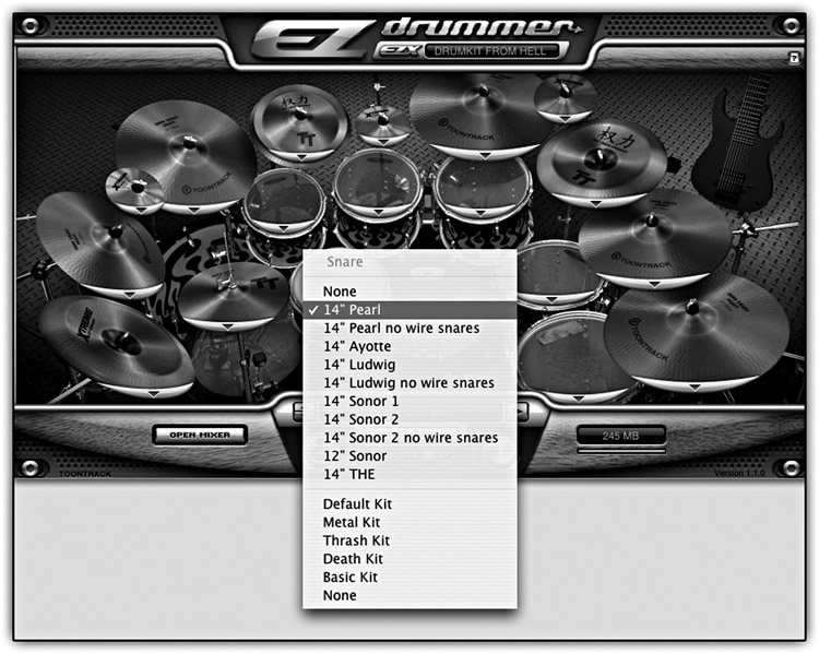 Figure 26.4 The Toontrack EZdrummer. This multilayer drum sampler has various drum sets; within each, different drums can be selected. This type of products is very useful during drum triggering.