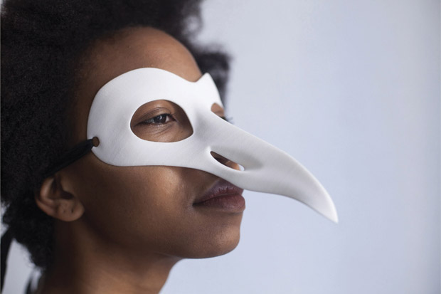 Figure 9.18 Lightweight 3D printed mask, designed by Laurie Berenhaus. Model: Janelle E. Smith.