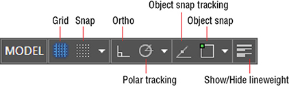 Window shows toggles of various status with plots for grid, snap, ortho, polar tracking, object snap tracking, object snap, and show/hide lineweight.