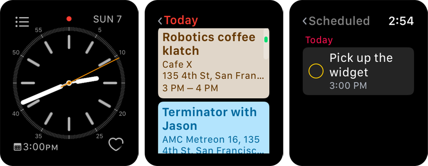 **Figure 68:** Here you see the Simple watch face with a Calendar, Reminders, Date, and Heart Rate complication (left); what you see if you tap the Calendar complication (middle); and finally, what you see if you tap the Reminders complication (right).