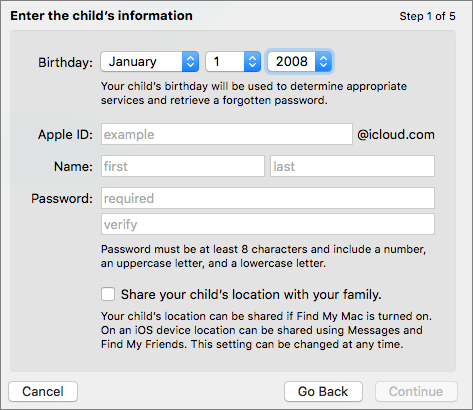 **Figure 111:** Provide information to create an Apple ID for a child.