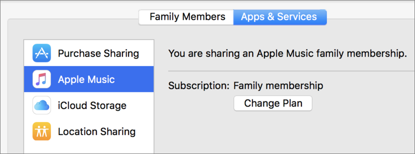 **Figure 116:** Click the Apps & Services button and then select Apple Music to see the status of an Apple Music account. If you have a Family Membership, all members can access the service.