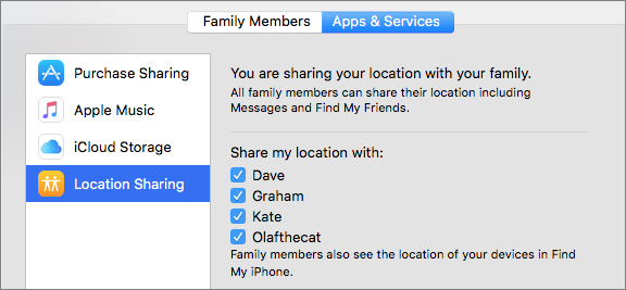 **Figure 118:** Select Location Sharing to view a list of all family members and adjust who can see your location.