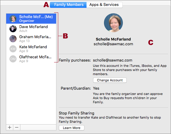 **Figure 112:** Click the Family Members button (A) to view a list of people in your family group (B). Select a name to see details and options for that person (C). A family organizer is shown here.