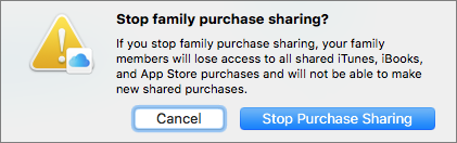 **Figure 115:** High Sierra warns you before you cut off family members’ access to shared media and apps.