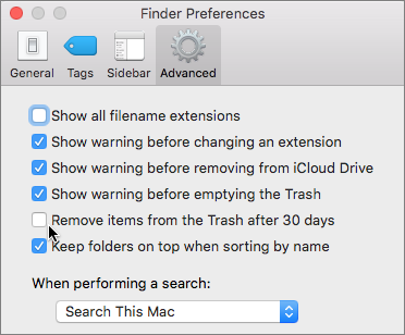 **Figure 108:** You can turn automatic Trash emptying off or on by choosing Finder > Preferences > Advanced.