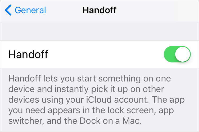 **Figure 81:** Turn on the Handoff switch on your iOS device.