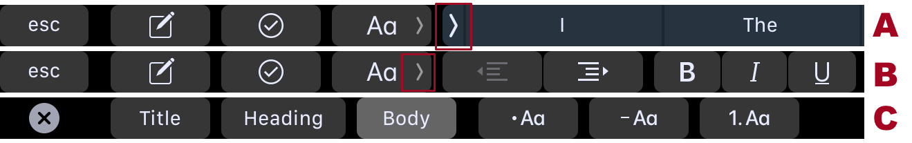 **Figure 67:** _By default, the MacBook Pro’s Touch Bar shows context-sensitive controls in Notes (A); tap the arrow icon to the left of the QuickType suggestions to reveal formatting options (B). Or, tap the lighter arrow next to the styles   button to reveal style controls (C). I’m only showing the left side of the Touch Bar here._